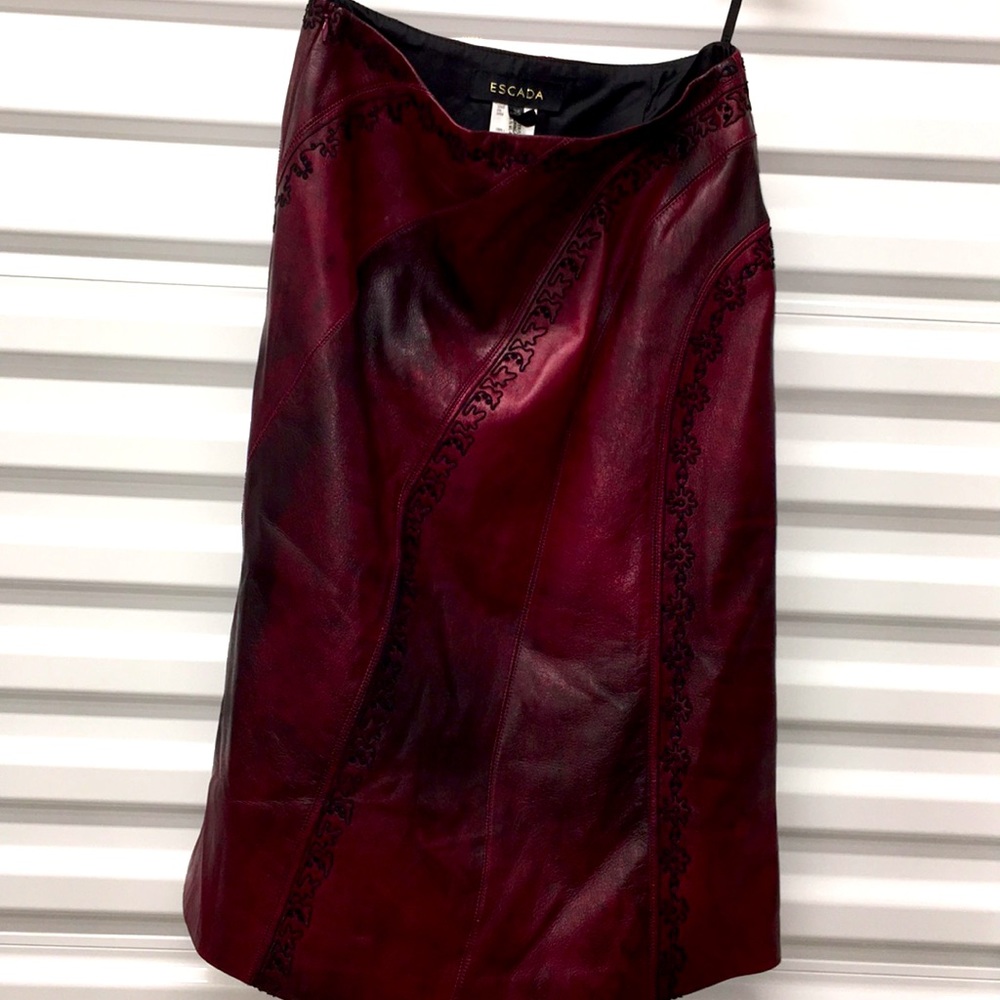 Escada embroidered leather skirt.